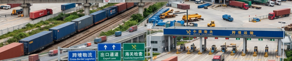 Truck carrying shipping container on highway near port with cranes and containers