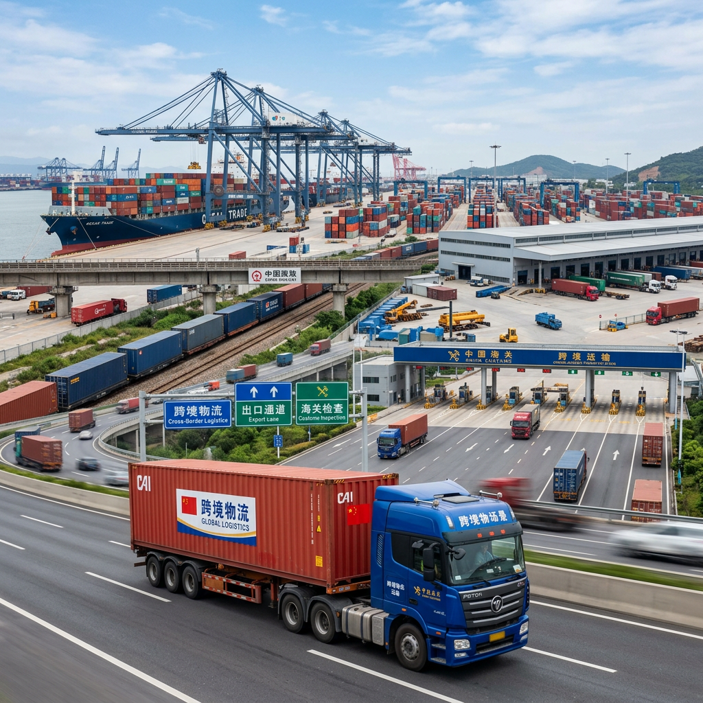 Truck carrying shipping container on highway near port with cranes and containers