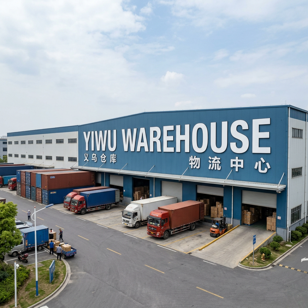 Warehouse building labeled Yiwu Warehouse with trucks and containers being loaded and unloaded